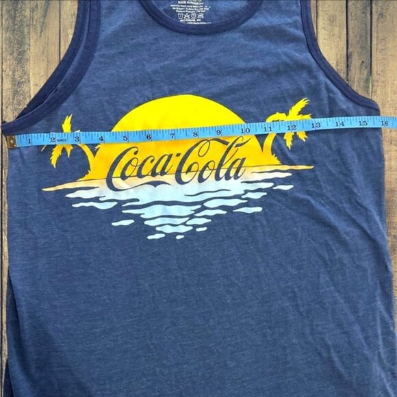 Coca Cola Navy Blue Yellow Gold Sun Palm Trees Tropical Tank Top‎ Men's Size S - Picture 6 of 6